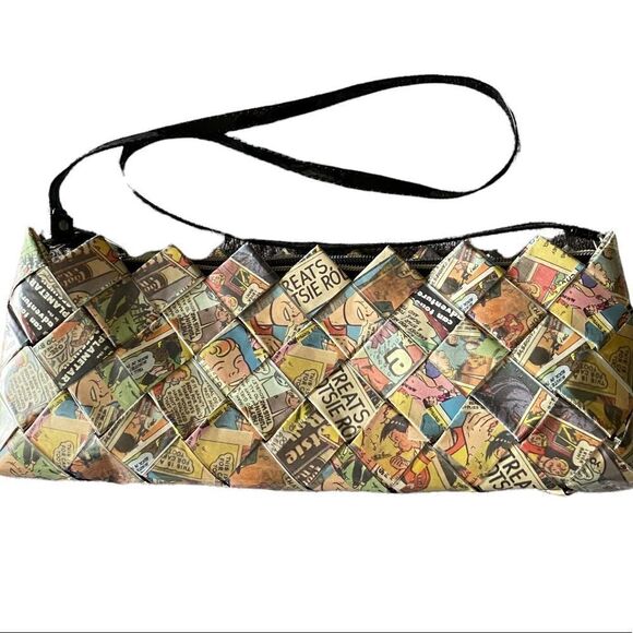 Nahui Ollin Candy Wrapper Black Strap Zipper Top Long Baggette Mini Purse - Picture 1 of 6